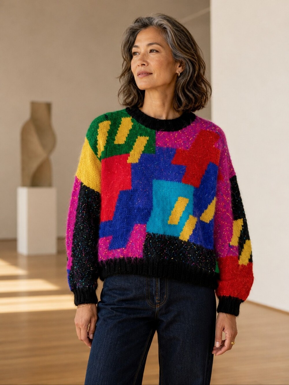 Vintage 90s Mohair Blend Geometric Colorblock Sweater M